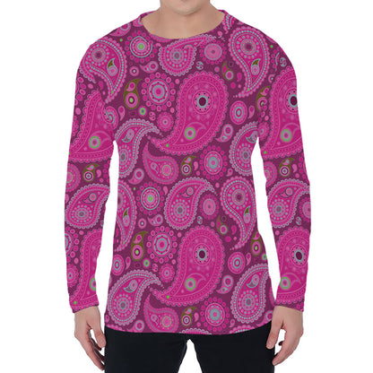 Pink Paisley Pattern Print Men's Long Sleeve T-Shirt