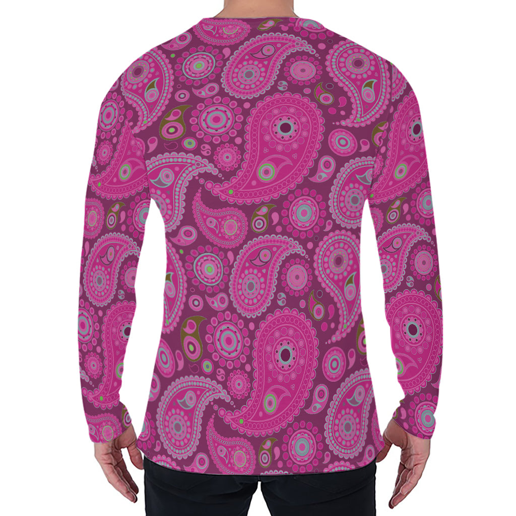 Pink Paisley Pattern Print Men's Long Sleeve T-Shirt