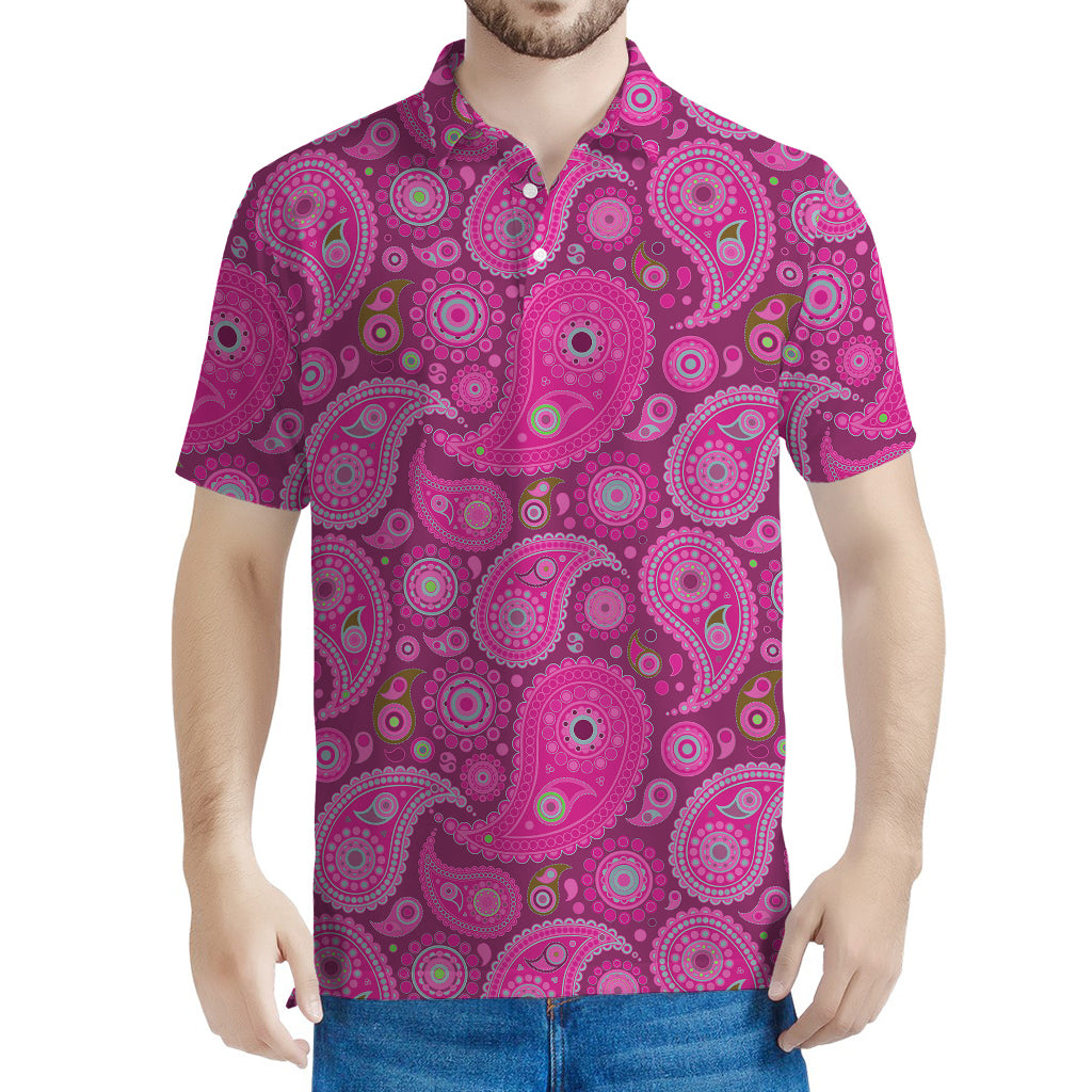 Pink Paisley Pattern Print Men's Polo Shirt