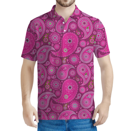 Pink Paisley Pattern Print Men's Polo Shirt