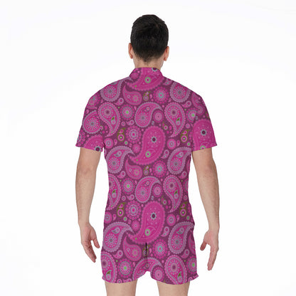 Pink Paisley Pattern Print Men's Rompers