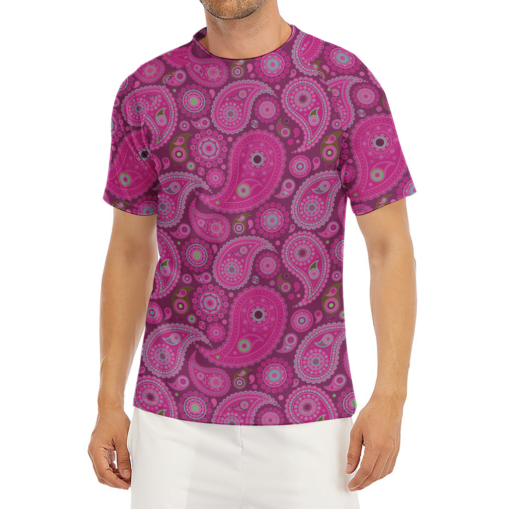 Pink Paisley Pattern Print Men's Short Sleeve Rash Guard