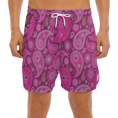 Pink Paisley Pattern Print Men's Split Running Shorts