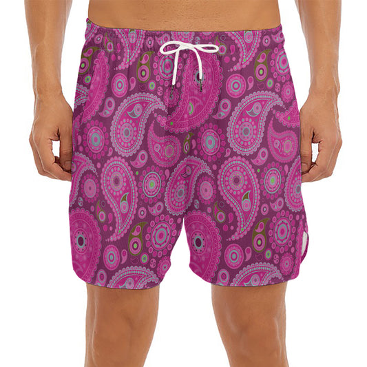 Pink Paisley Pattern Print Men's Split Running Shorts