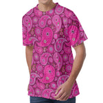 Pink Paisley Pattern Print Men's Velvet T-Shirt