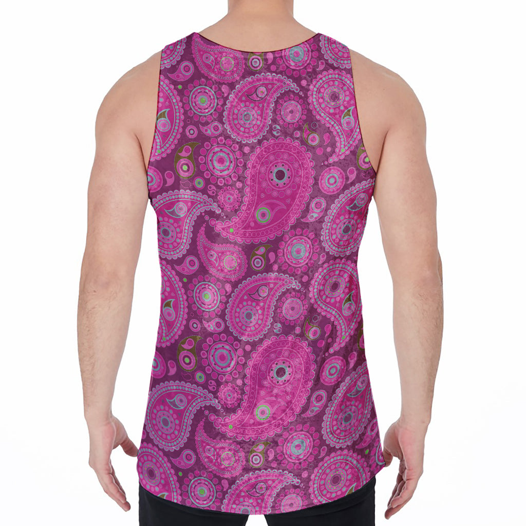 Pink Paisley Pattern Print Men's Velvet Tank Top