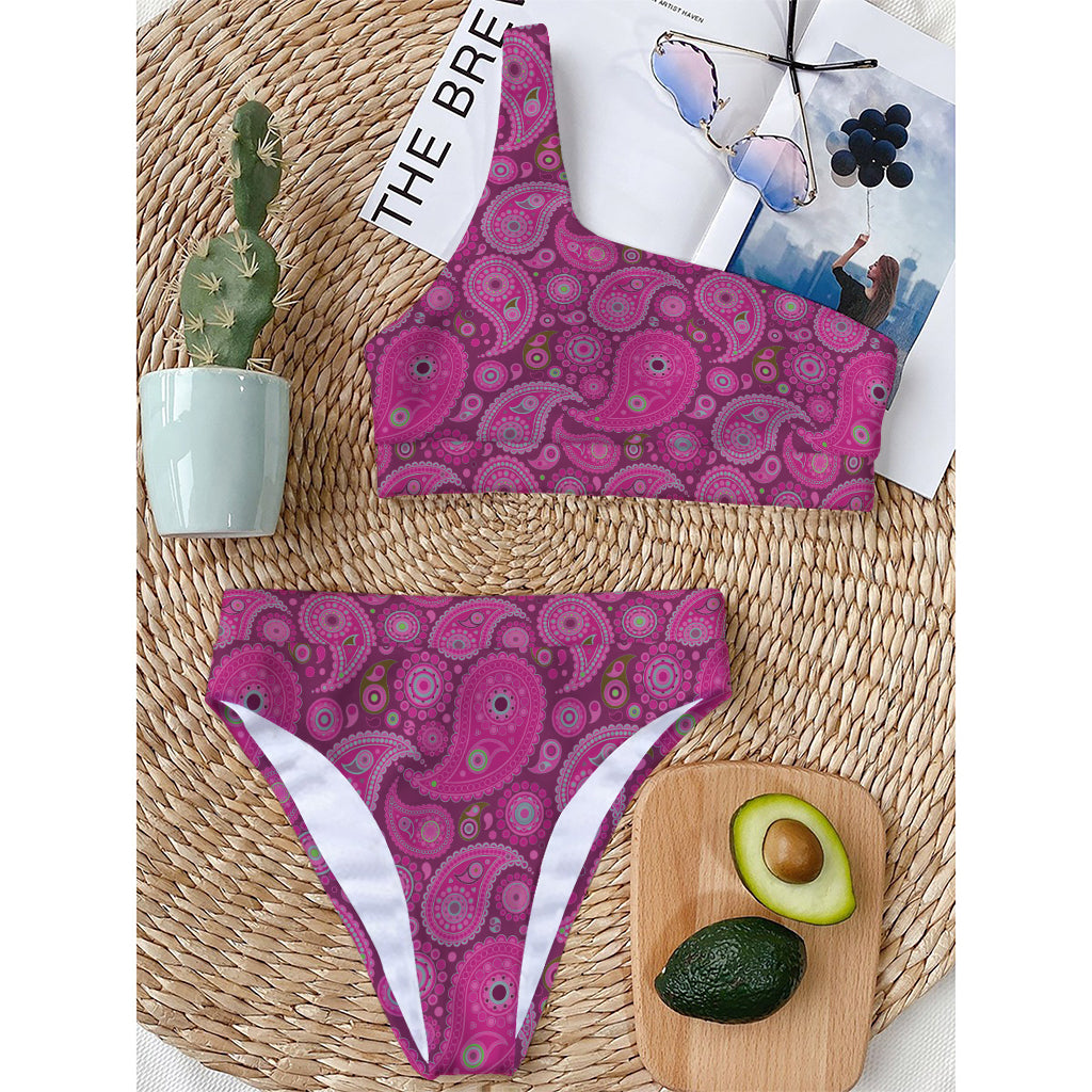 Pink Paisley Pattern Print One Shoulder Bikini Top