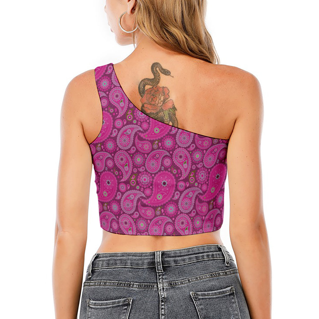 Pink Paisley Pattern Print One Shoulder Crop Top
