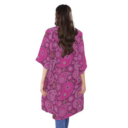 Pink Paisley Pattern Print Open Front Beach Cover Up