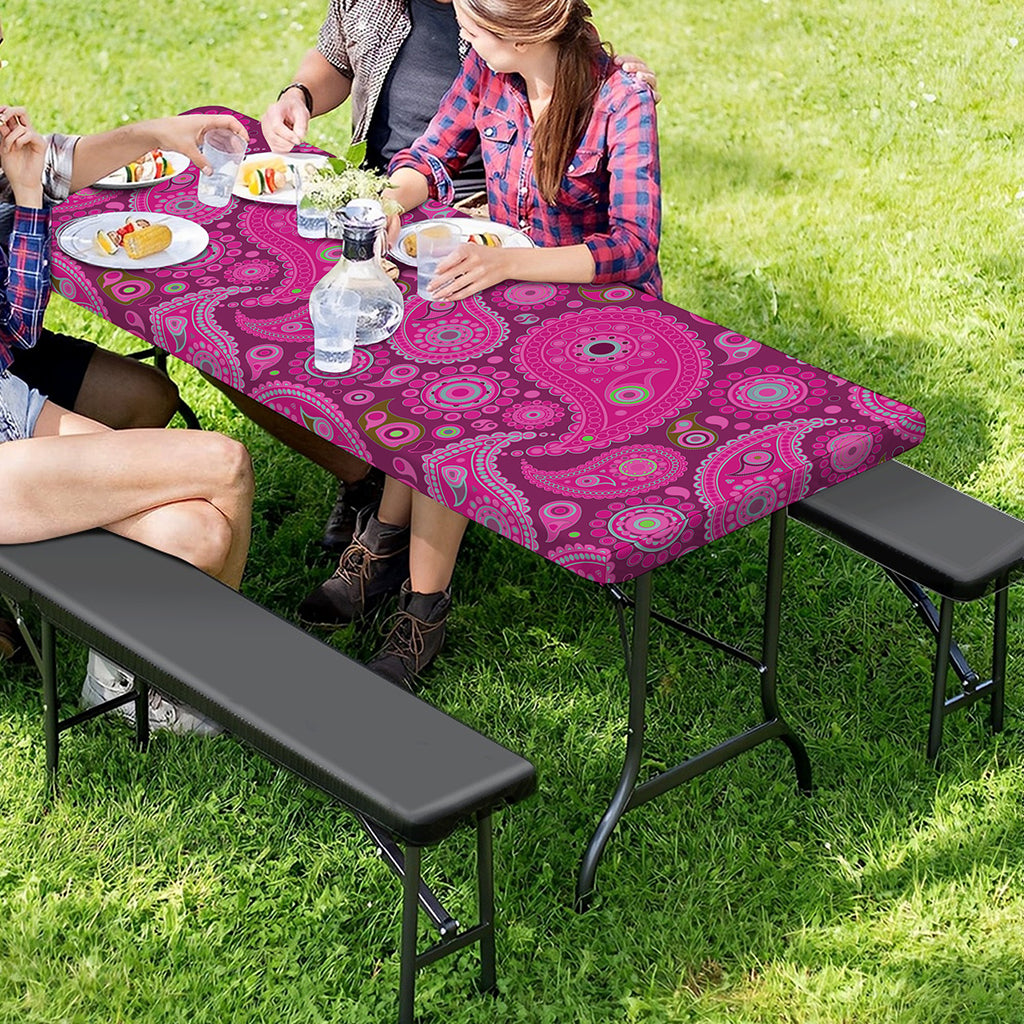 Pink Paisley Pattern Print Picnic Table Cover