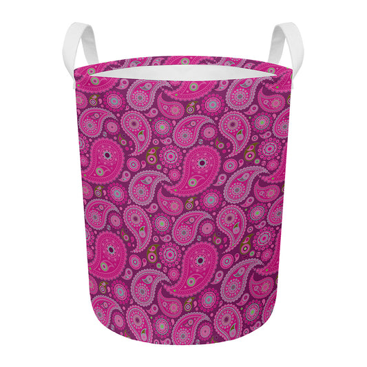 Pink Paisley Pattern Print Round Laundry Basket