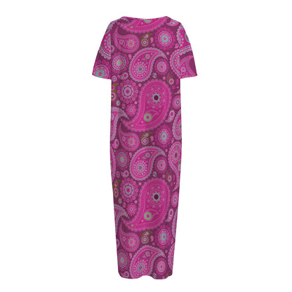 Pink Paisley Pattern Print Short Sleeve Long Nightdress