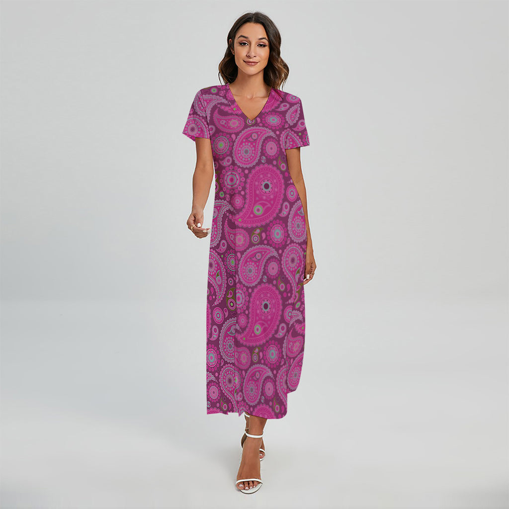 Pink Paisley Pattern Print Short Sleeve Maxi Dress