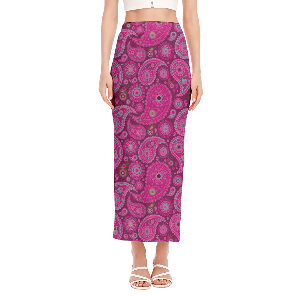 Pink Paisley Pattern Print Side Slit Maxi Skirt