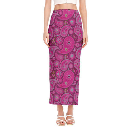 Pink Paisley Pattern Print Side Slit Maxi Skirt