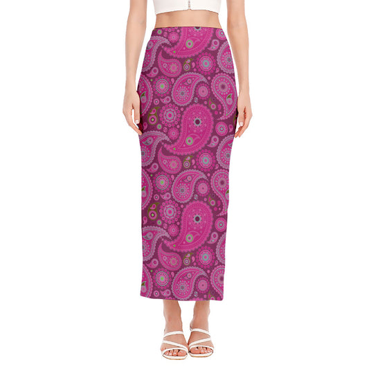 Pink Paisley Pattern Print Side Slit Maxi Skirt