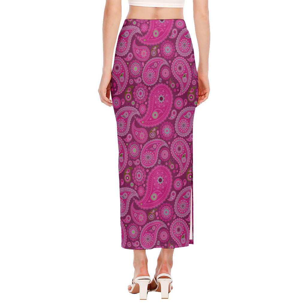 Pink Paisley Pattern Print Side Slit Maxi Skirt