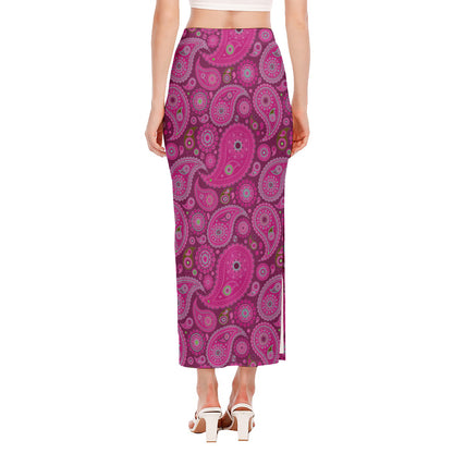 Pink Paisley Pattern Print Side Slit Maxi Skirt
