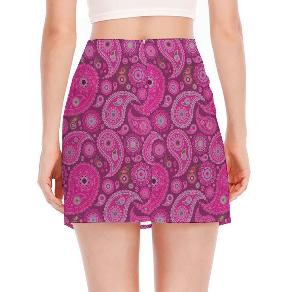 Pink Paisley Pattern Print Side Slit Mini Skirt
