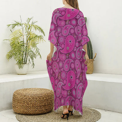 Pink Paisley Pattern Print Silk V-Neck Kaftan Dress
