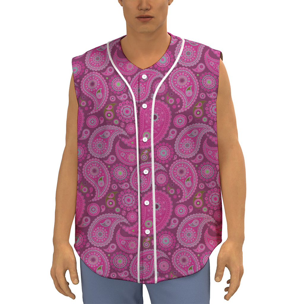 Pink Paisley Pattern Print Sleeveless Baseball Jersey