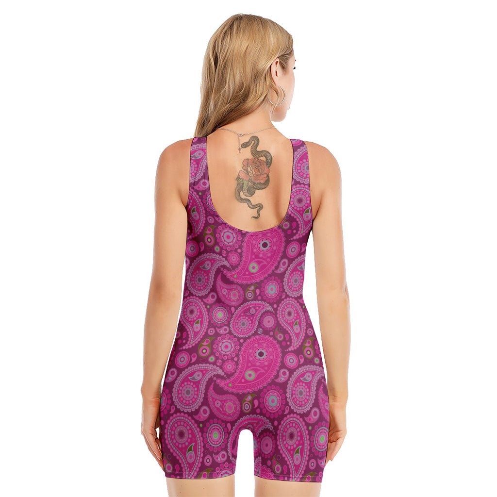 Pink Paisley Pattern Print Sleeveless One Piece Swimsuit