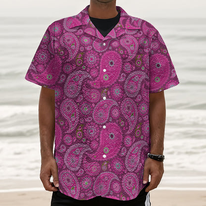 Pink Paisley Pattern Print Textured Short Sleeve Shirt