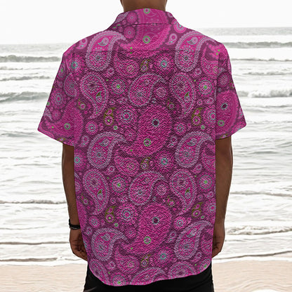Pink Paisley Pattern Print Textured Short Sleeve Shirt