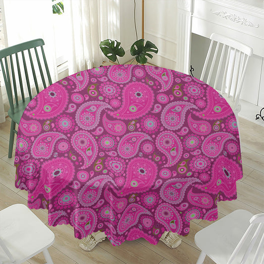 Pink Paisley Pattern Print Waterproof Round Tablecloth