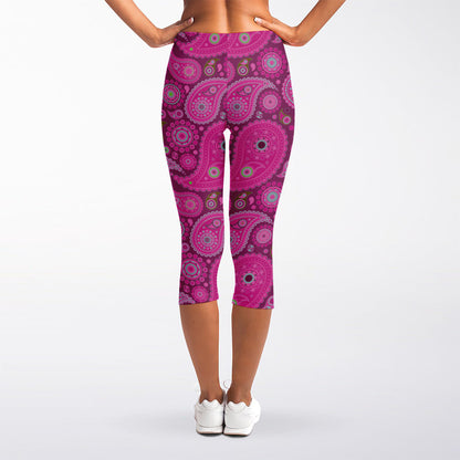 Pink Paisley Pattern Print Women's Capri Leggings