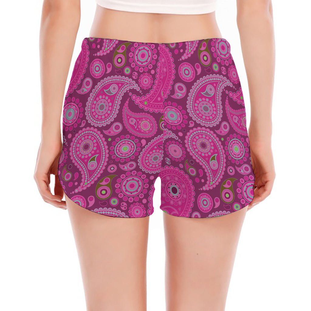 Pink Paisley Pattern Print Women's Split Running Shorts
