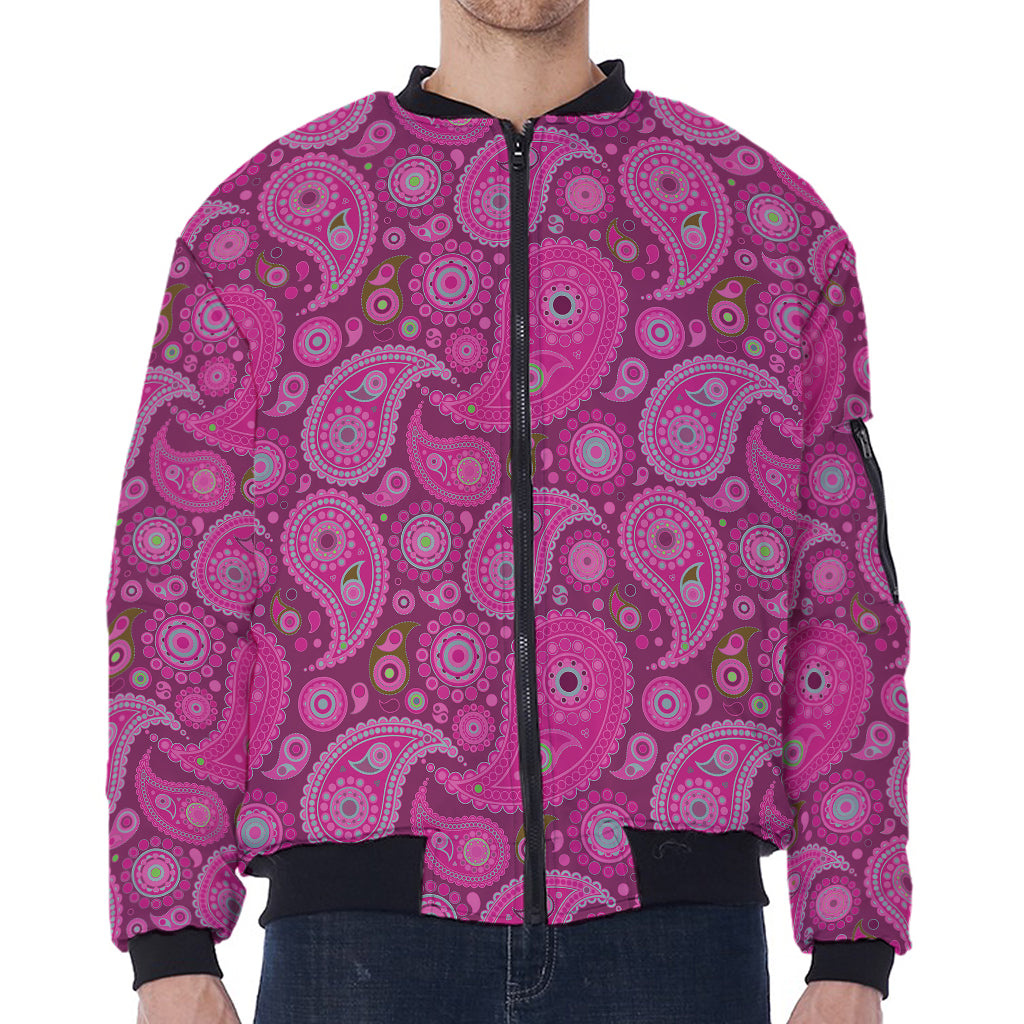 Pink Paisley Pattern Print Zip Sleeve Bomber Jacket