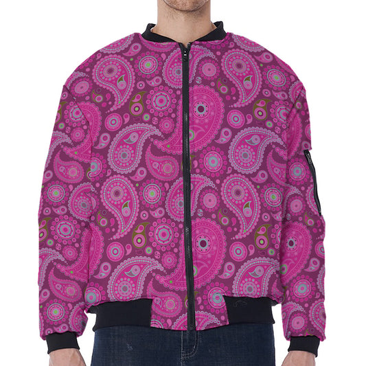 Pink Paisley Pattern Print Zip Sleeve Bomber Jacket