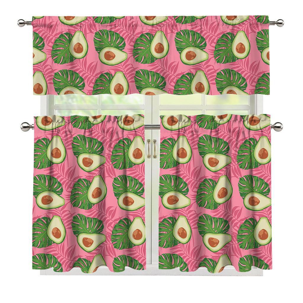 Pink Palm Leaf Avocado Print 3 Piece Kitchen Curtains