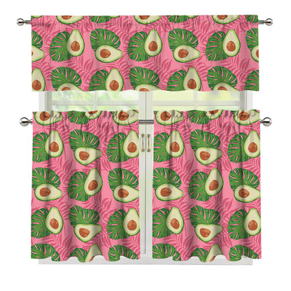 Pink Palm Leaf Avocado Print 3 Piece Kitchen Curtains