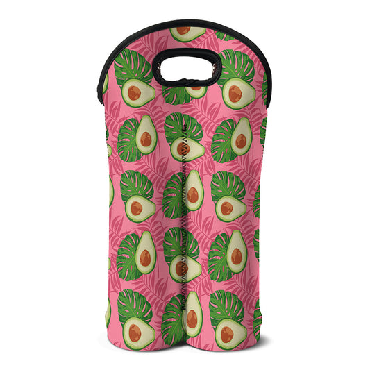 Pink Palm Leaf Avocado Print Double Neoprene Wine Tote