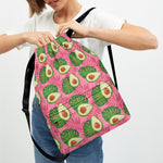 Pink Palm Leaf Avocado Print Drawstring Backpack