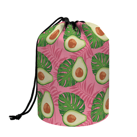 Pink Palm Leaf Avocado Print Drawstring Makeup Bag
