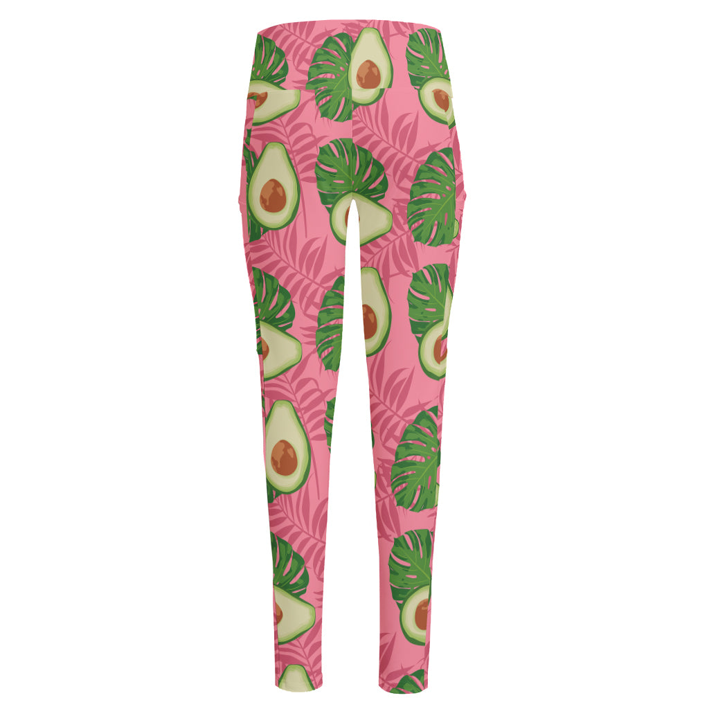 Pink Palm Leaf Avocado Print High-Waisted Pocket Leggings