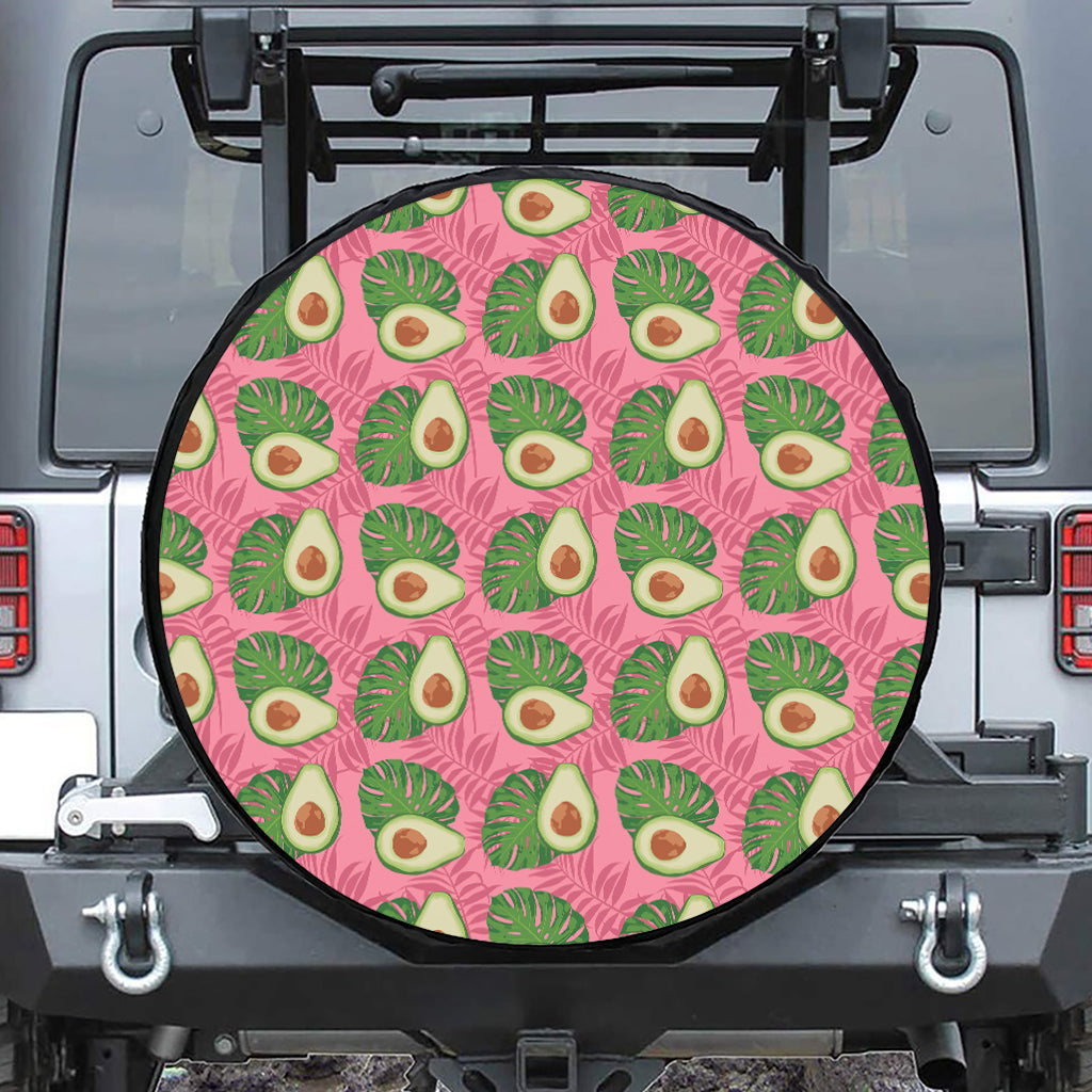 Pink Palm Leaf Avocado Print Leather Spare Tire Cover