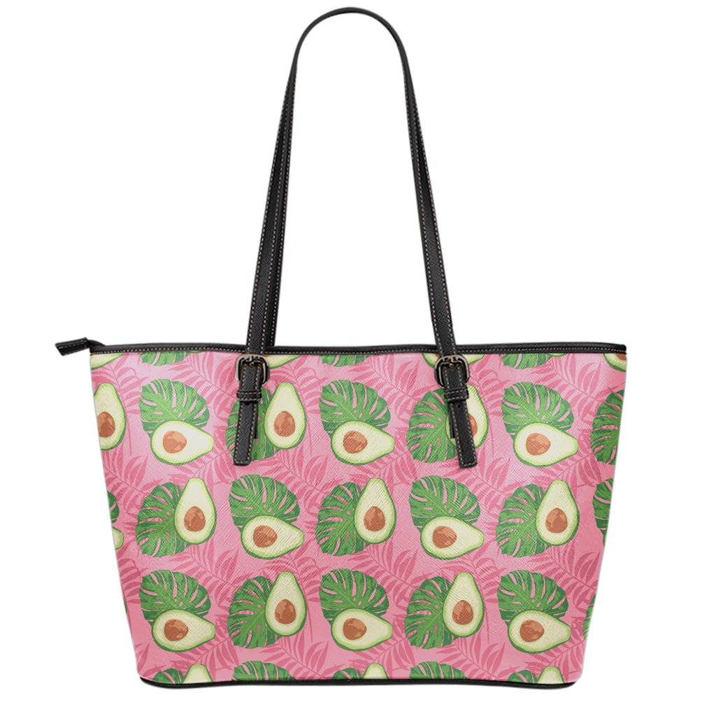 Pink Palm Leaf Avocado Print Leather Tote Bag