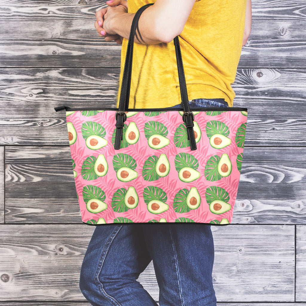 Pink Palm Leaf Avocado Print Leather Tote Bag