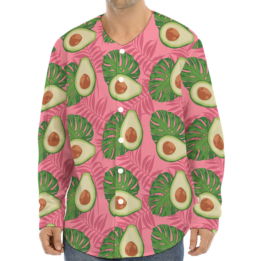 Pink Palm Leaf Avocado Print Long Sleeve Baseball Jersey