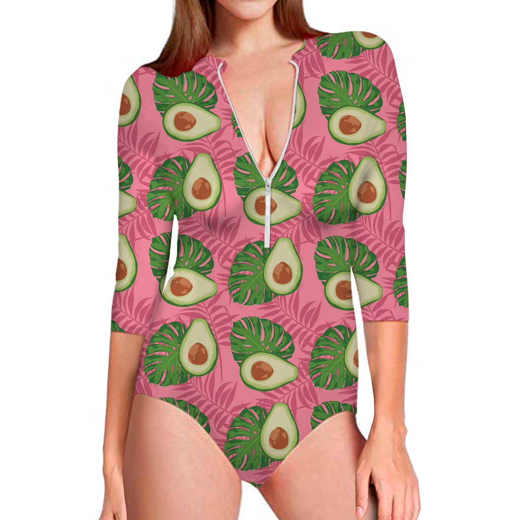 Pink Palm Leaf Avocado Print Long Sleeve Swimsuit