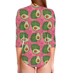 Pink Palm Leaf Avocado Print Long Sleeve Swimsuit