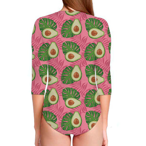 Pink Palm Leaf Avocado Print Long Sleeve Swimsuit