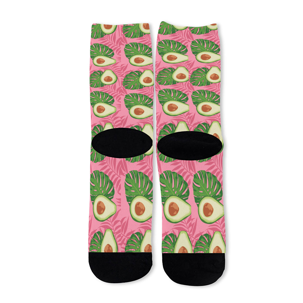 Pink Palm Leaf Avocado Print Long Socks