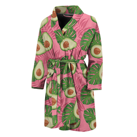 Pink Palm Leaf Avocado Print Men's Bathrobe