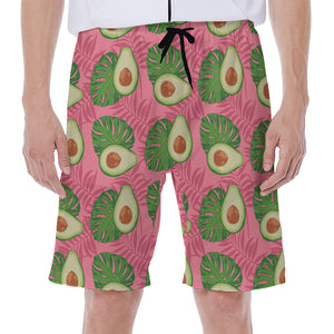 Pink Palm Leaf Avocado Print Men's Beach Shorts