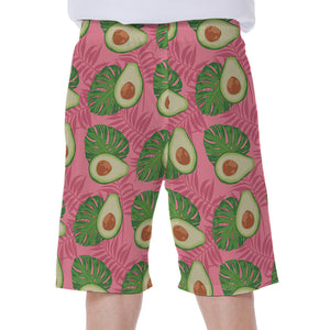 Pink Palm Leaf Avocado Print Men's Beach Shorts